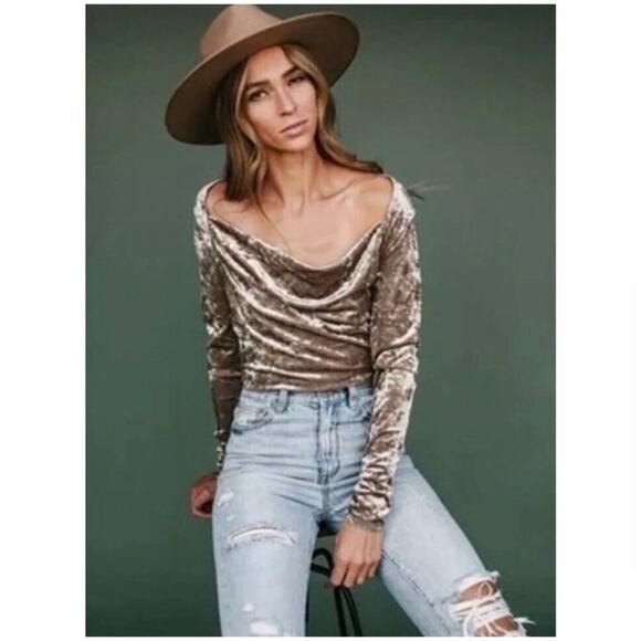 FREE PEOPLE | Perfect Date Cowlneck Golden Brown Velvet Long Sleeve Top Medium - Picture 2 of 4